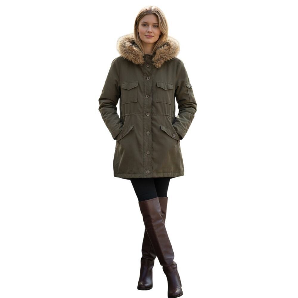 Anthropologie Jack BB Dakota Hood‎ Jacket XS Army Green Faux Fu Parka Gorpcore